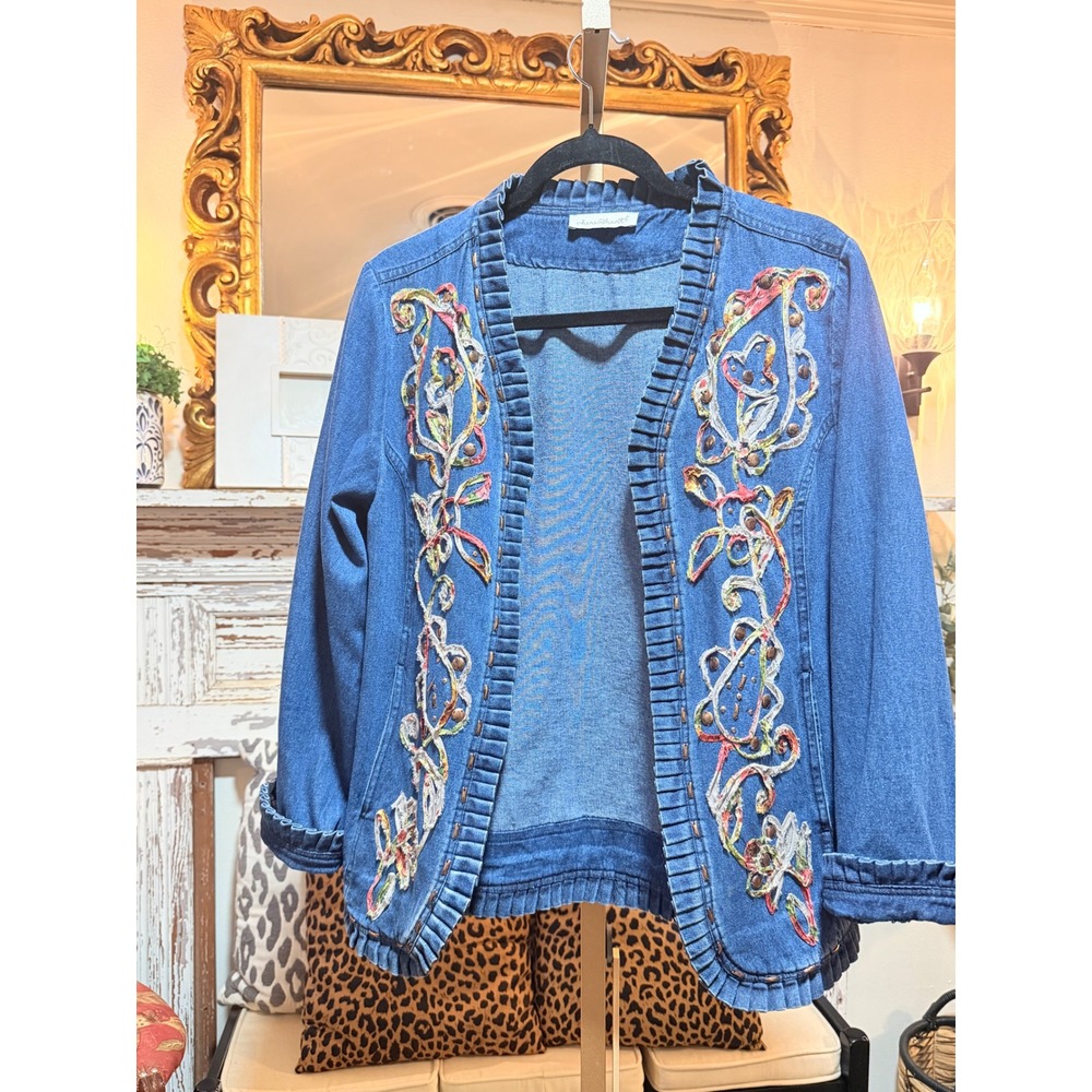 Keren Hart Denim Jacket Womens Large Blue Embroidered Ruffle Open Front Boho L